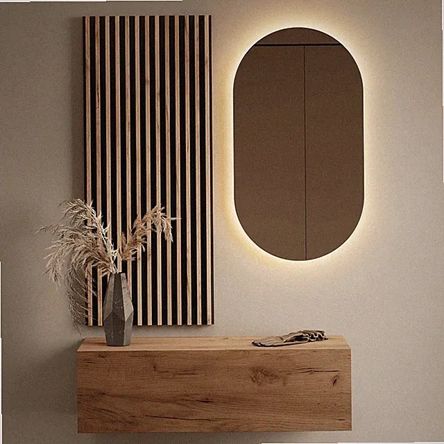 Planetmöbel Garderobenset Flurschrank 100 cm ovaler LED Spiegel Wandpaneel Flur
