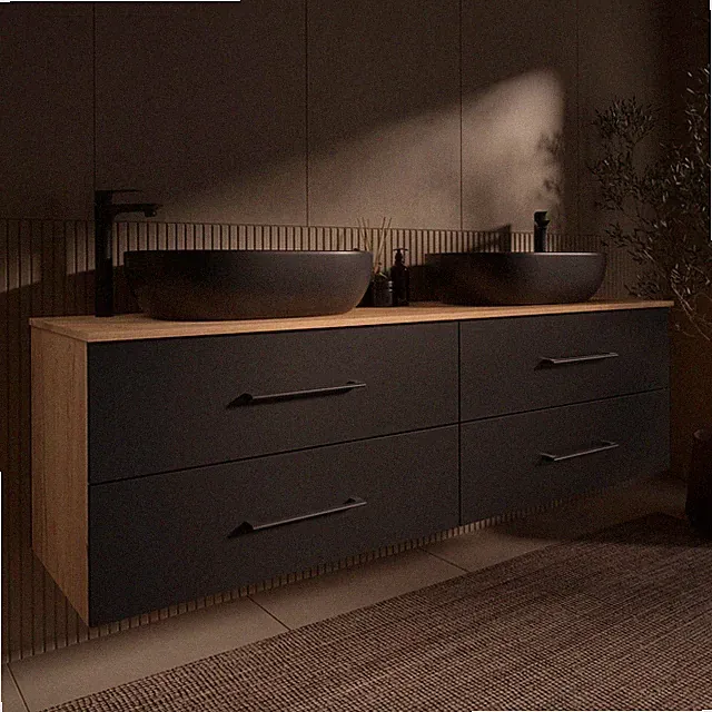 Planetmöbel Waschtischunterschrank LUX 180cm Doppelwaschbecken 42/60cm 2 Farben