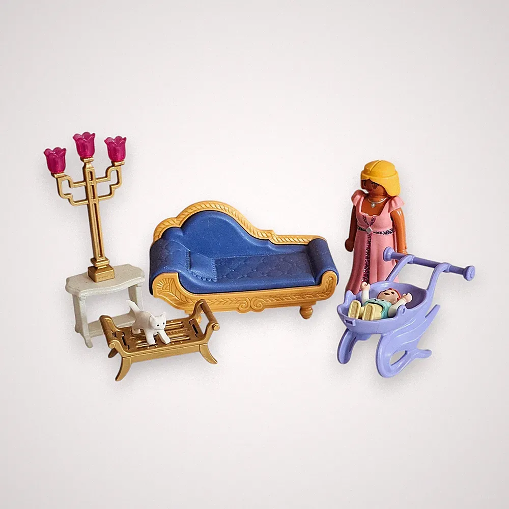 Playmobil Prinzessin Wohnzimmer Sofa Kinderwagen Baby Katze Möbel Set