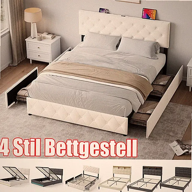 Polsterbett 140 / 160 x 200cm Doppelbett Stauraumbett Bettgestell mit Lattenrost