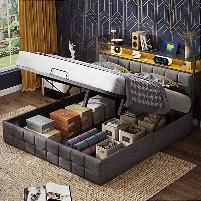 Polsterbett 140×200 Doppelbett Bettgestell Stauraumbett mit Lattenrost LED&USB