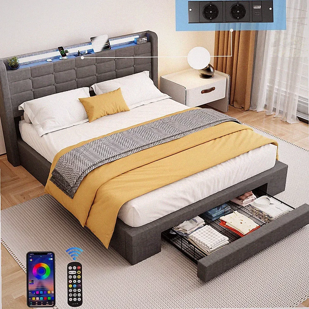 Polsterbett 140×200cm Doppelbett mit Steckdosen & LED Beleuchtung Boxspringbett