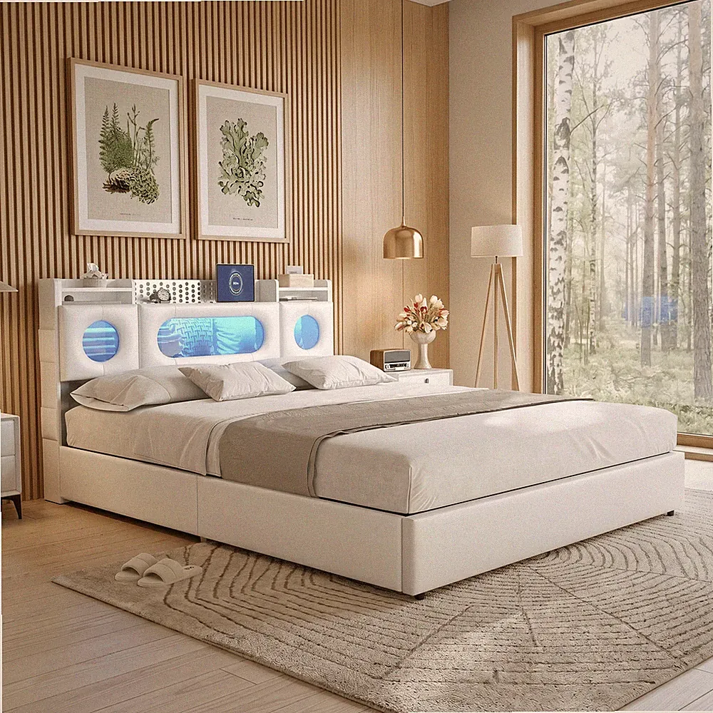 Polsterbett 140x200 cm Bett mit LED Lattenrost Bettkasten Stauraum Kunstleder