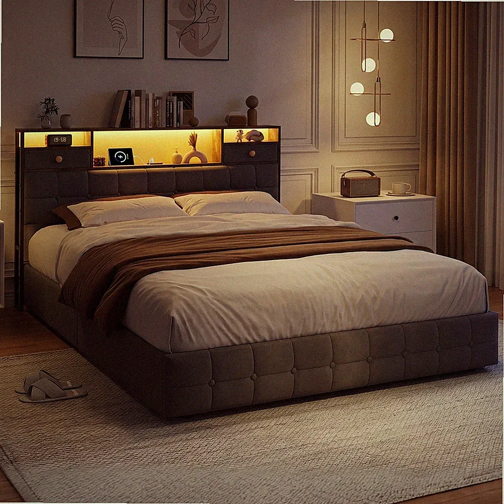 Polsterbett 140x200 cm Doppelbett mit LED USB 4 Schublade Jugendbett Lattenrost