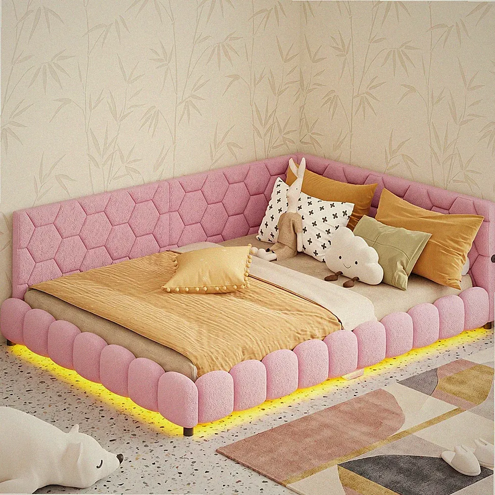Polsterbett 140x200 Doppelbett mit LED und USB-Ladefunktion,mit Lattenrost, rosa