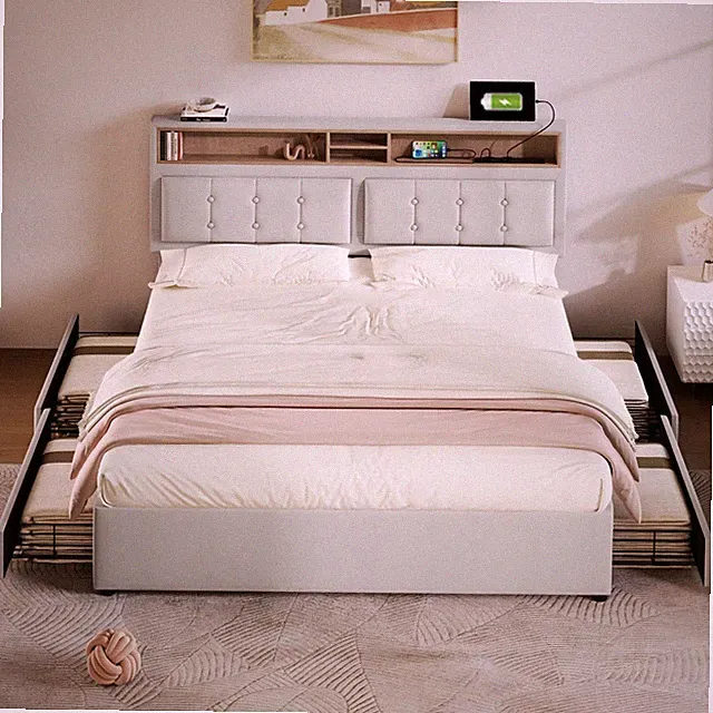 Polsterbett 140x200cm beige Leinen Schubladen USB-C höhenverstellbar Kopfteil