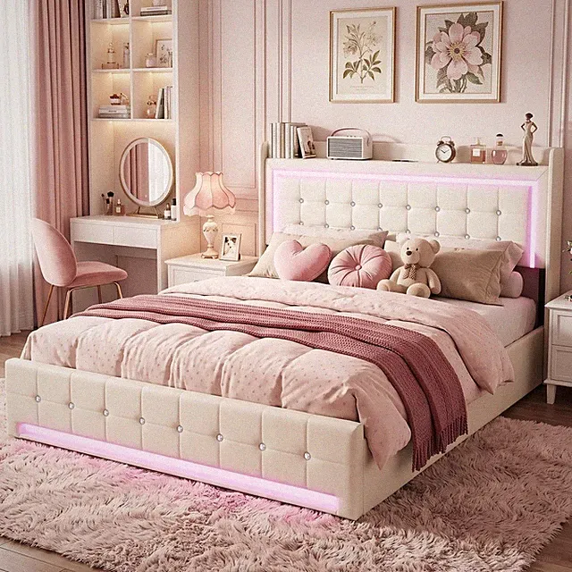 Polsterbett 140x200cm Boxspringbett Doppelbett mit LED und USB Ladefunktion Holz