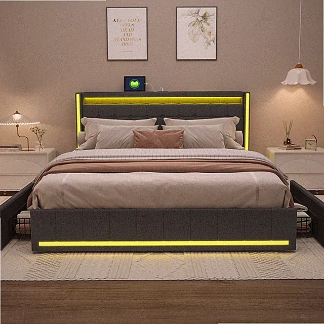 Polsterbett 140x200cm Doppelbett aus Leinen Bettrahmen mit 4 Schubladen,USB&LED