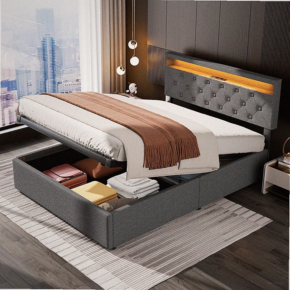 Polsterbett 140x200cm Doppelbett Bettgestell mit Bettkasten USB & LED-Licht Cvfp