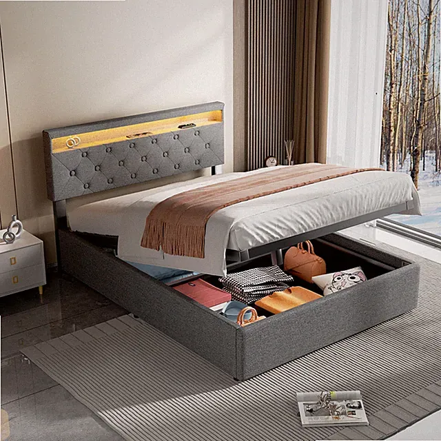 Polsterbett 140x200cm Doppelbett Bettgestell mit Bettkasten USB/ LED-Licht Grau