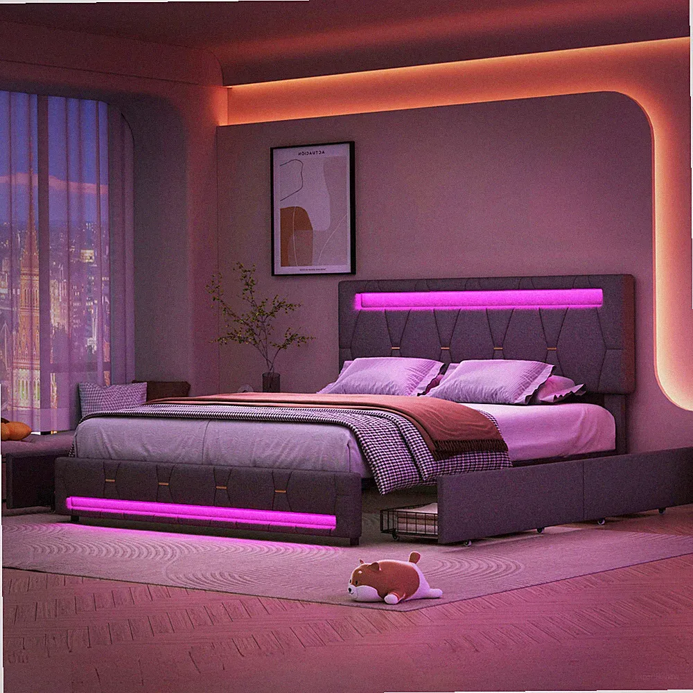 Polsterbett 140x200cm Doppelbett Leinen mit LED Bettgestell 4 Schubladenbett