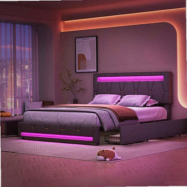 Polsterbett 140x200cm Doppelbett Leinen mit LED Bettgestell 4 Schubladenbett