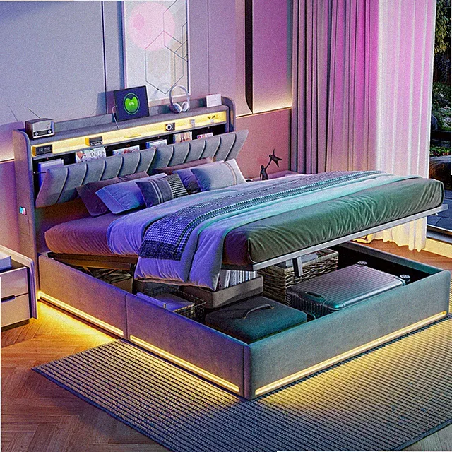 Polsterbett 140x200cm Doppelbett mit Bettkasten LED&USB Hydraulisches Lattenrost