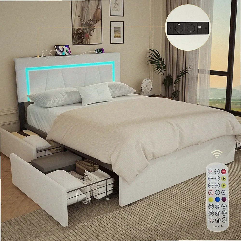 Polsterbett 140x200cm Doppelbett Stauraumbett Bettgestell mit LED/USB Lattenrost