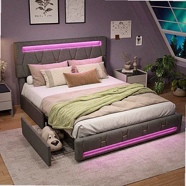 Polsterbett 160x200 cm Doppelbett Bettgestell mit LED 4 Schubladen Stauraumbett