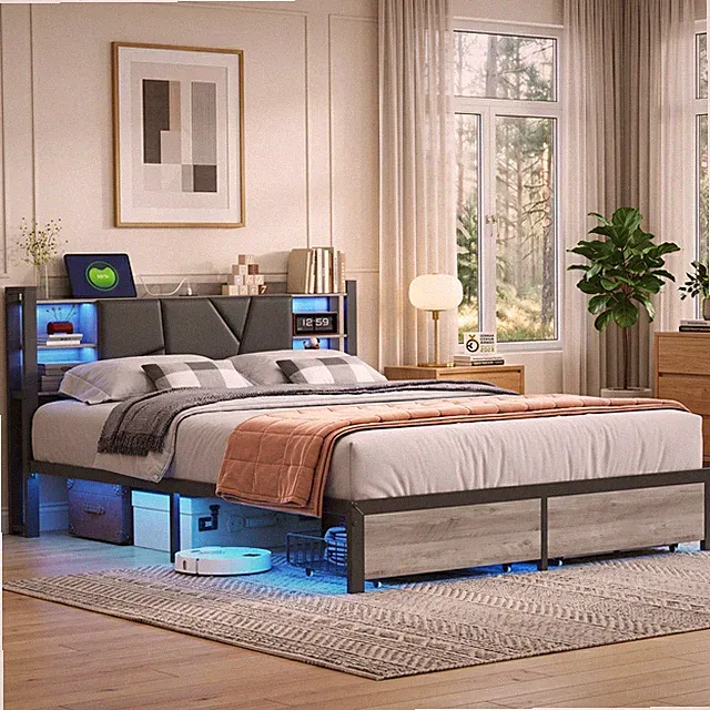 Polsterbett 160x200 cm Doppelbett mit LED Bettgestell Jugendbett mit Lattenrost