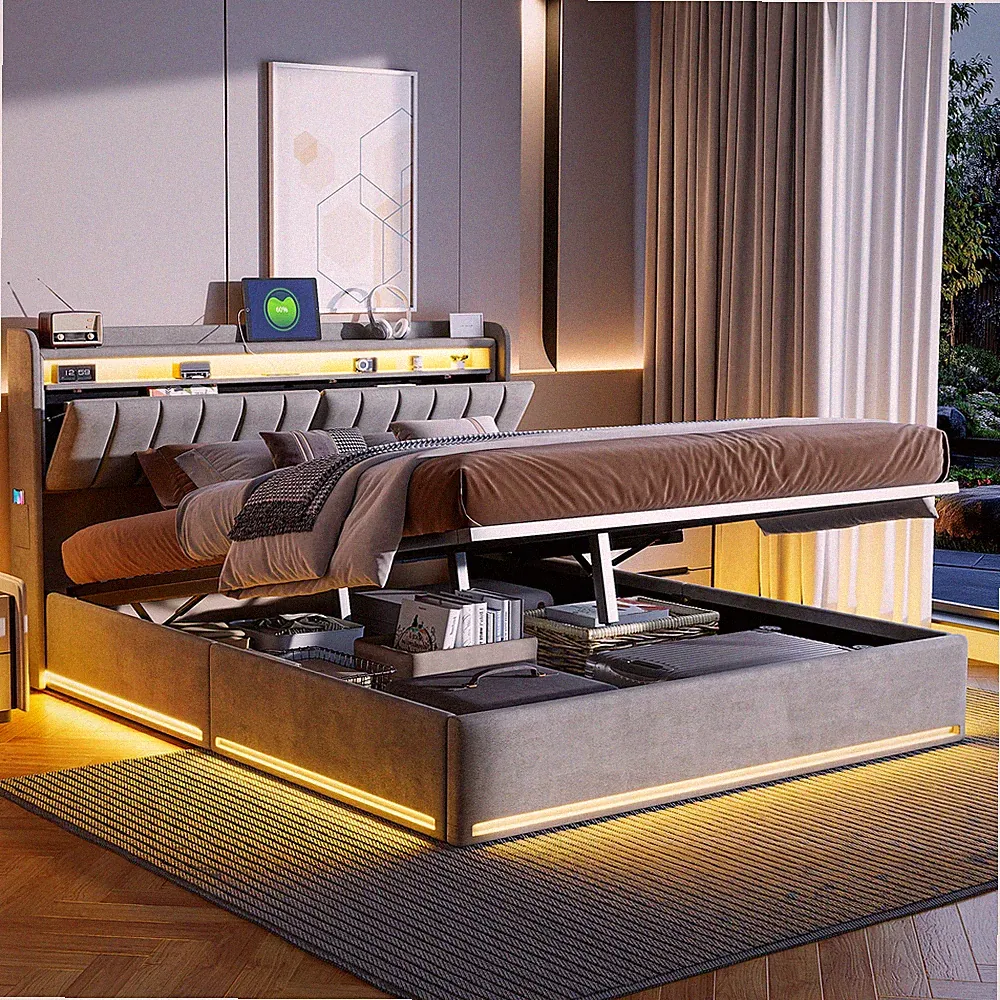 Polsterbett 160x200 cm LED USB Boxspringbett mit Lattenrost Stauraum Doppelbett