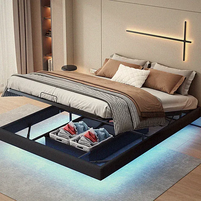 Polsterbett 160x200 cm mit LED, Bettgestell mit Lattenrost, Floating Bed Frame
