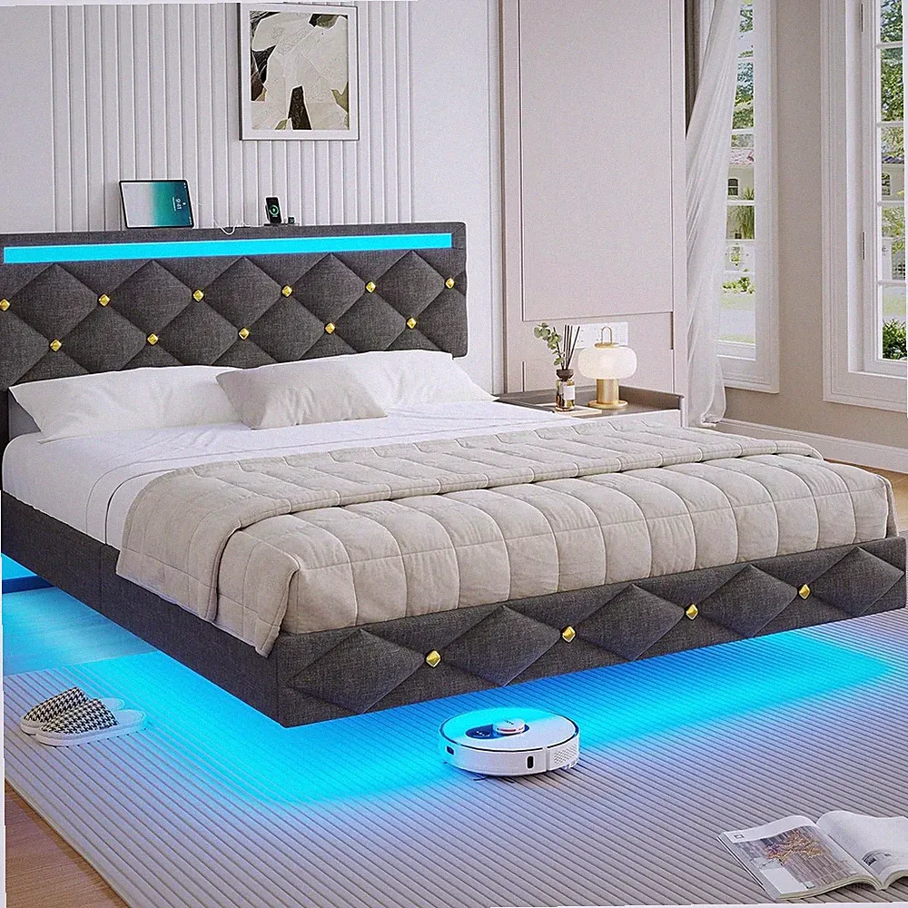 Polsterbett 160x200 cm mit LED-Lichtstreifen, verstellbares Kopfteil, USB-C
