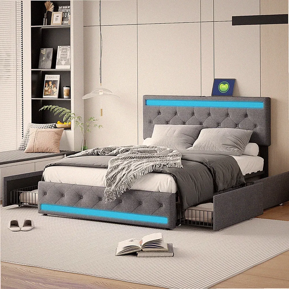 Polsterbett 160x200 cm mit LED USB Typ-C 4 Staufächer Dunkelgrau