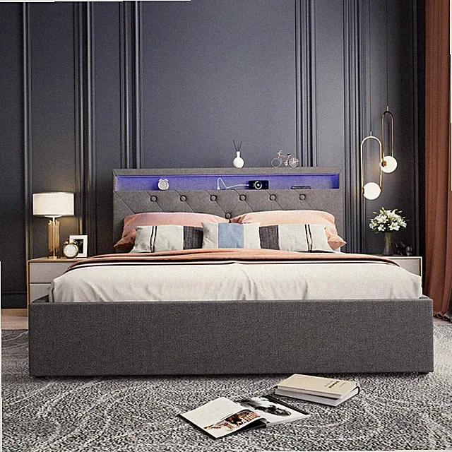 Polsterbett 160x200cm Doppelbett Bettgestell mit Bettkasten USB/LED-Licht Modern