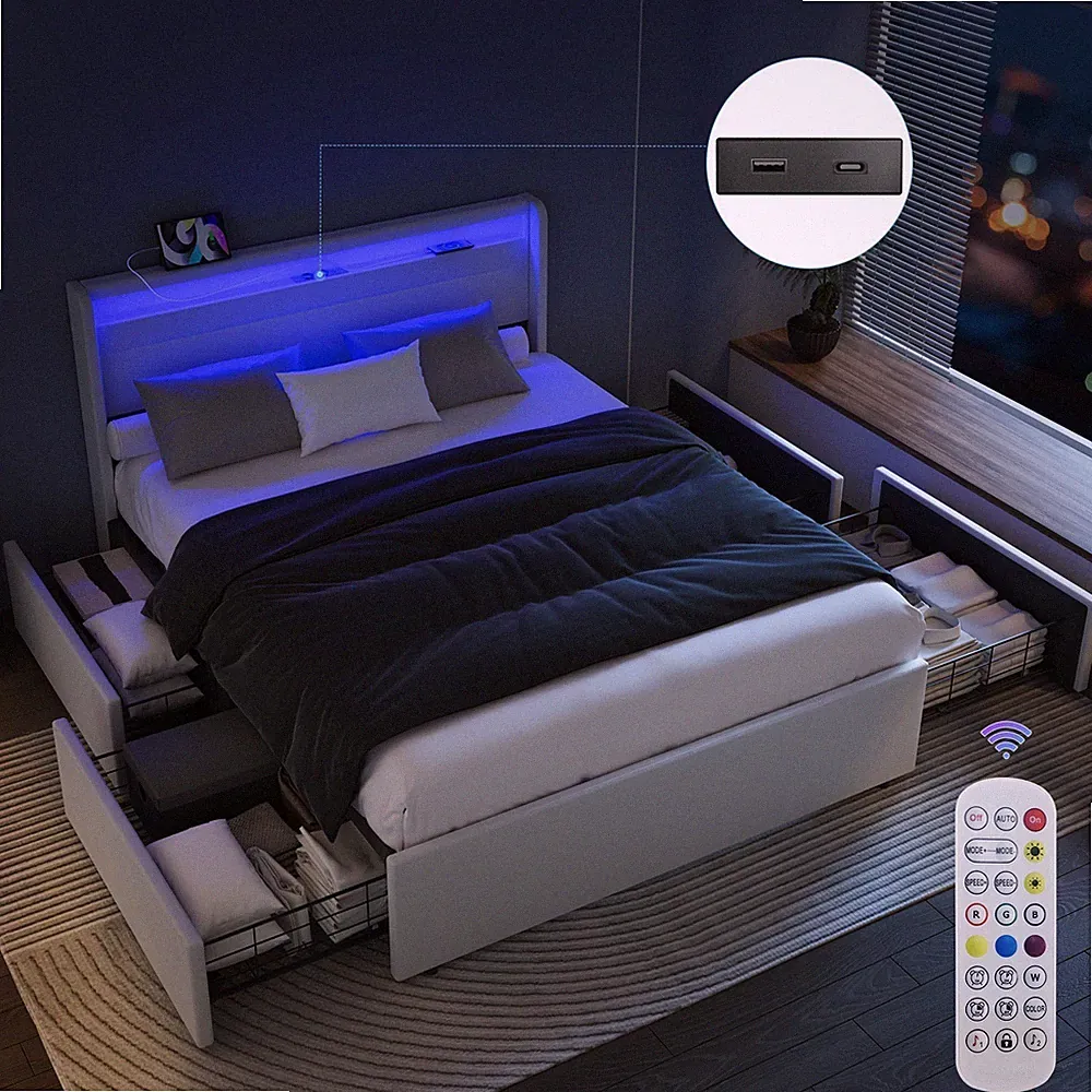 Polsterbett 160x200cm Doppelbett Bettgestell Stauraumbett Holz LED Lattenrost DE