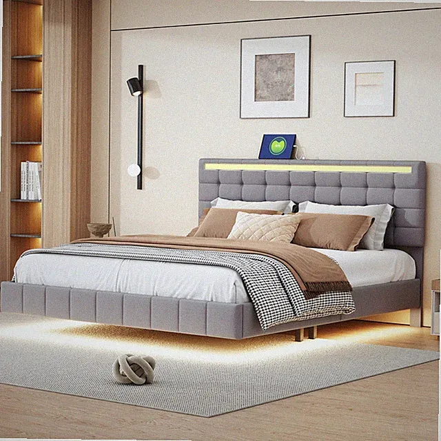 Polsterbett 160x200cm Doppelbett Schwebebett LED Bettgestell Kopfteil Lattenrost