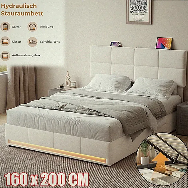 Polsterbett 160x200cm Doppelbett Stauraumbett Bettgestell mit USB/LED Lattenrost