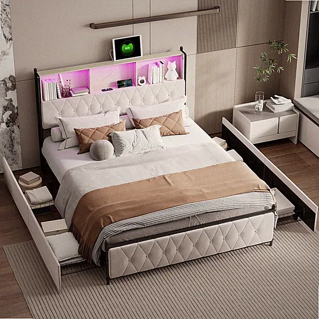 Polsterbett 180x200 cm mit LED & USB Doppelbett mit Stauraum Lattenrost Kopfteil