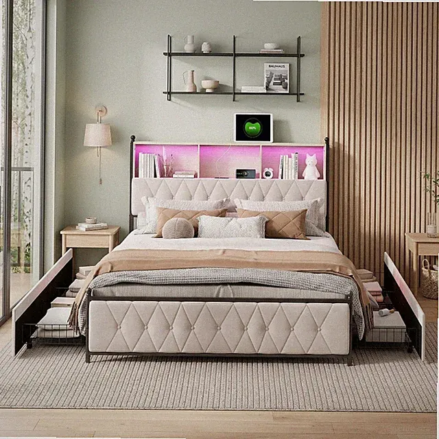 Polsterbett 180x200cm Bett mit Schubladen Stauraumbetten Doppelbett mit LED/USB