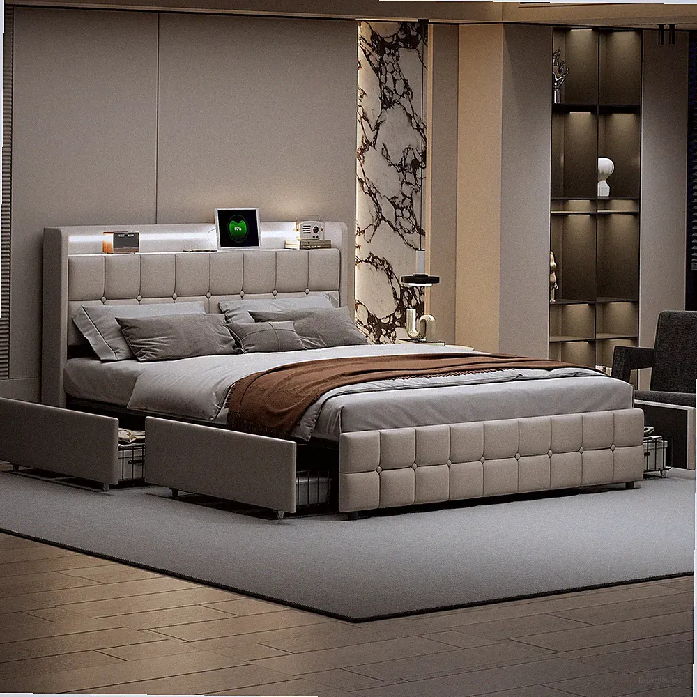 Polsterbett 180x200cm Doppelbett mit Stauraum Lattenrost, USB / LED Bettgestell