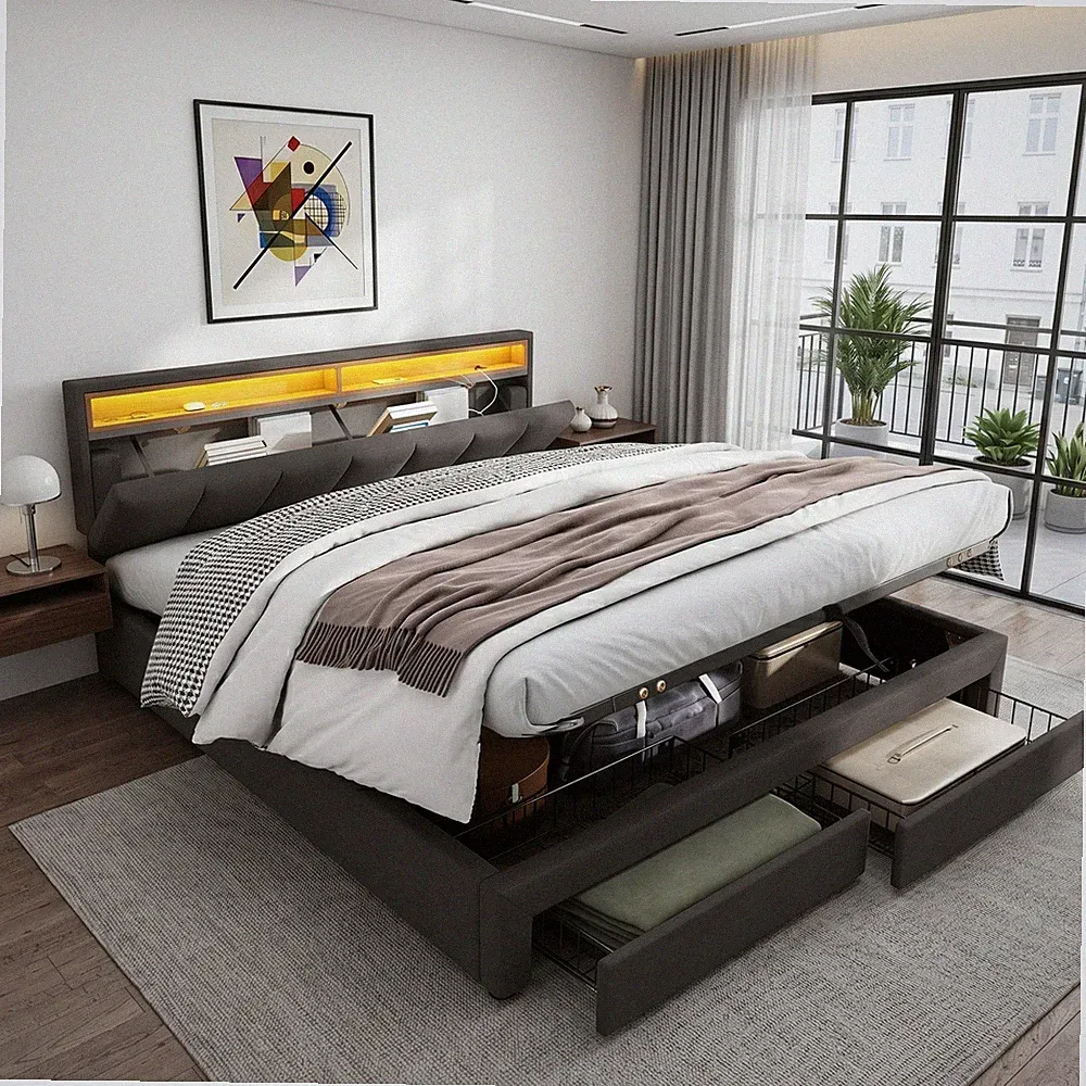 Polsterbett 180x200cm Doppelbett mit Stauraum & Schubladen Bett mit LED Kopfteil
