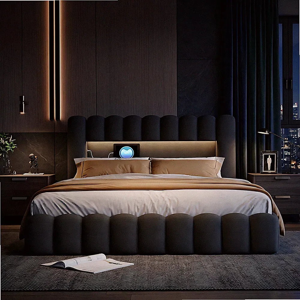 Polsterbett 180x200cm Doppelbett Stauraumbett mit Bettkasten und LED-Licht Grau
