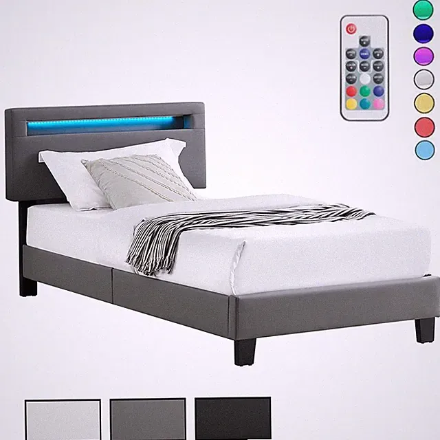 Polsterbett 90x200 cm Einzel Jugend Bett mit Kunstleder & LED Beleuchtung