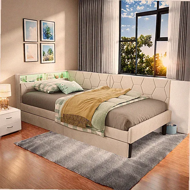 Polsterbett 90x200 cm mit LED USB,Bettgestell mit Lattenrost Stauraumbett Samt