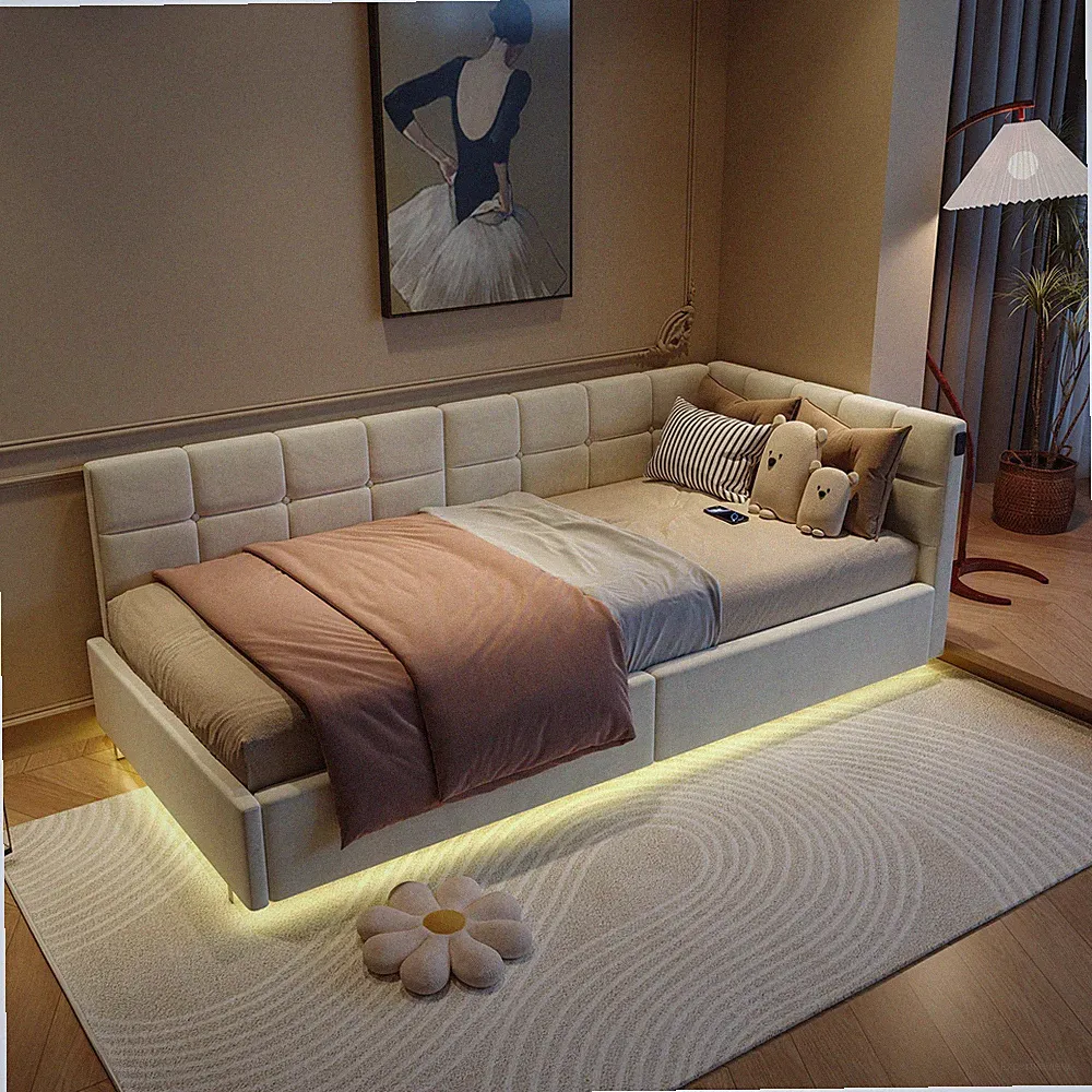Polsterbett 90x200cm Boxspringbett Bettgestell mit LED USB Lattenrost Stauraum