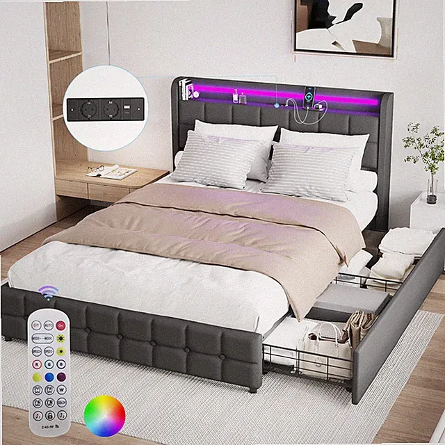 Polsterbett 90x200cm Doppelbett Stauraumbett Bettgestell mit USB/LED Msktrowdben