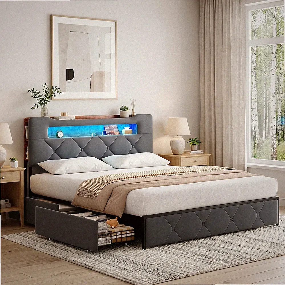 Polsterbett Bettgestell mit LED&USB 160x200cm Doppelbett mit Lattenrost Stauraum