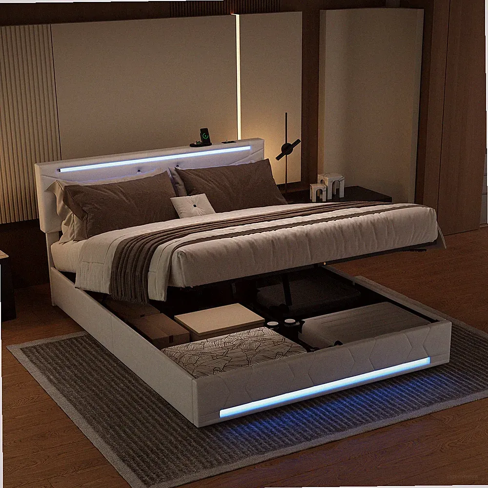 Polsterbett Boxspringbett 160x200 cm Mit LED USB Lattenrost,Doppel Stauraumbett