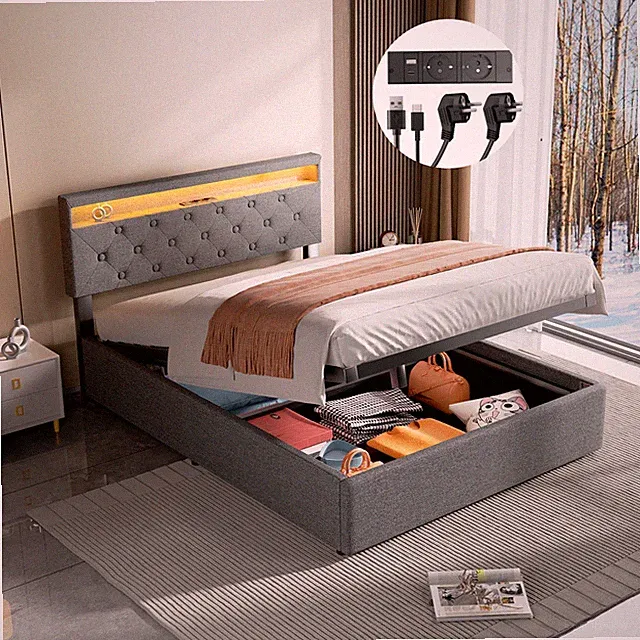Polsterbett Doppelbett 140x200 mit LED-Leuchten Stauraumbett Lattenrost-Kopfteil