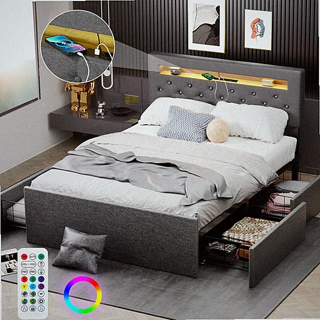 Polsterbett Doppelbett 140x200cm Lattenrost Bettgestell LED Stauraum-Kopfteil DE