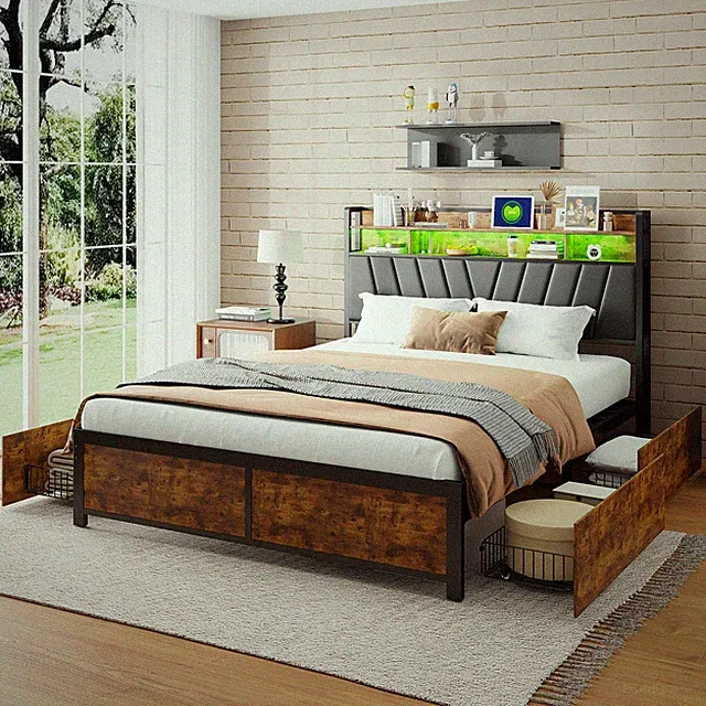 Polsterbett Doppelbett 160 x 200 cm Bett mit Ladefunktion mit LED 4 Schubladen
