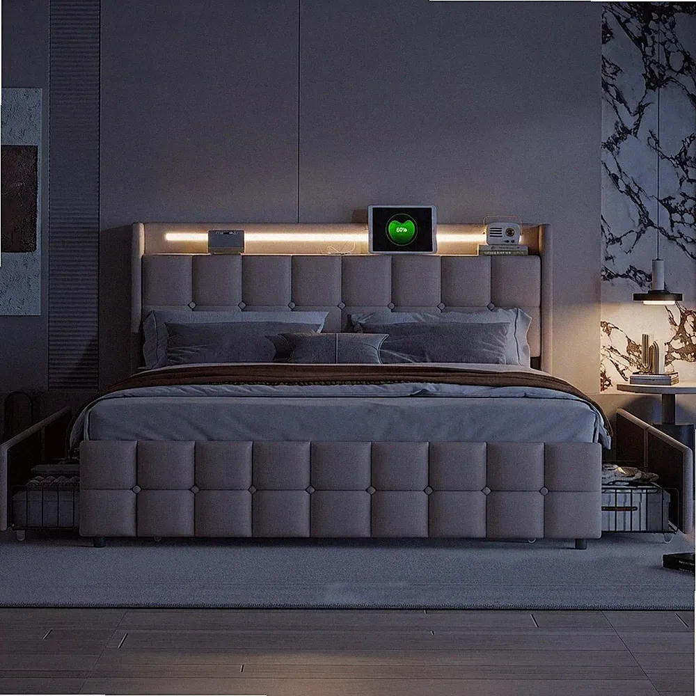 Polsterbett Doppelbett 180x200 cm Schubladen Bettkasten mit LED&USB Stauraumbett