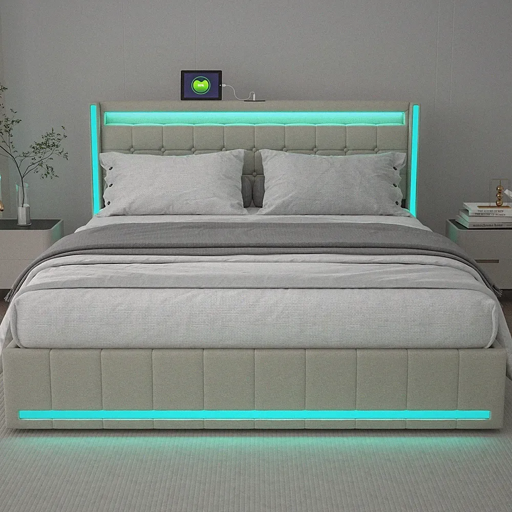 Polsterbett Doppelbett 180x200cm mit LED USB Bettgestell mit Lattenrost Stauraum
