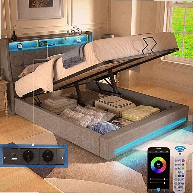 Polsterbett Doppelbett mit Ladestation mit LED Kopfteil Bettgestell Stauraumbett