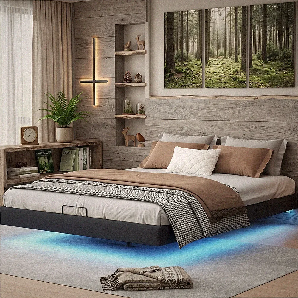 Polsterbett Doppelbett Schwebebett 160x200cm LED Bett Bettgestell mit Lattenrost