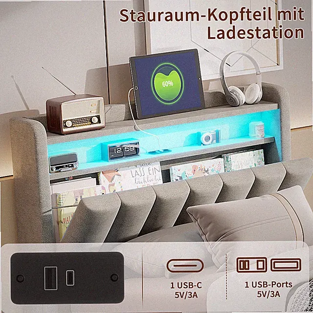 Polsterbett-Einzelbett 90x200cm mit Bettkasten,Kopfteil LED Lattenrost,Gästebett