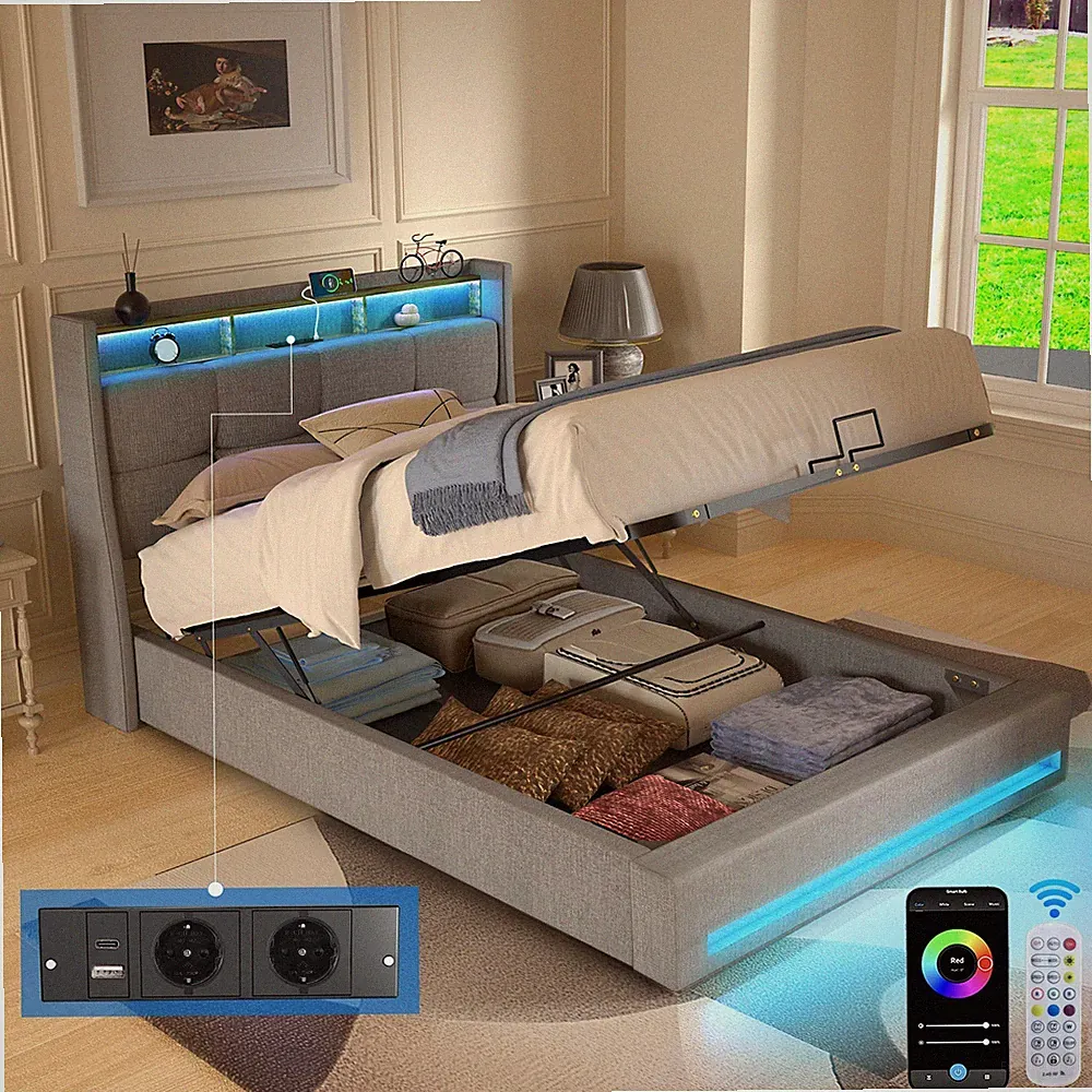 Polsterbett Einzelbett Stauraumbett Bettgestell mit USB/LED Steckdose 90x200cm