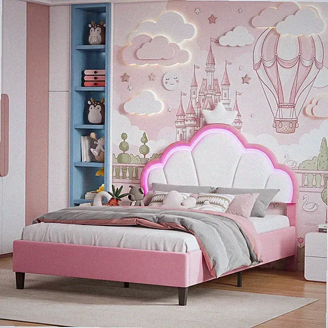 Polsterbett Kinderbett 140x200cm, Mädchenbett mit LED, Bett mit Lattenrost, Rosa