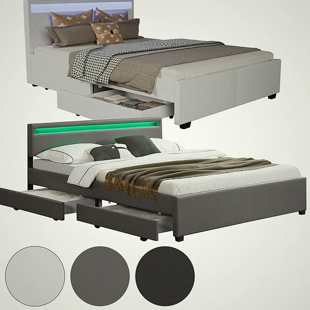 Polsterbett Kunstlederbett Doppelbett Lederbett mit Bettkasten LED Bett Juskys®